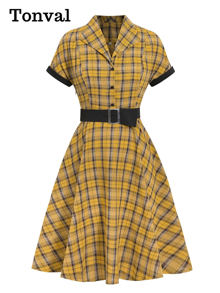 

Tonval Yellow Plaid Rockabilly 50s Vintage A-Line Dresses Summer 2024 Women Turn Down Collar Belted Cotton Retro Dress