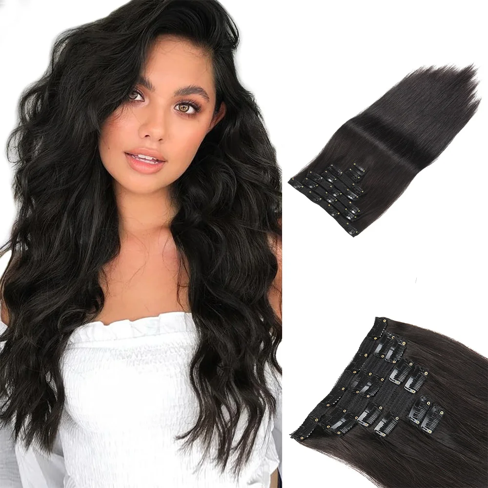 

Clip In Hair Extensions Human Hair Brazilian Straight Natural Black Color 1B# Skin Weft Seamless Invisible 100% Remy Hair