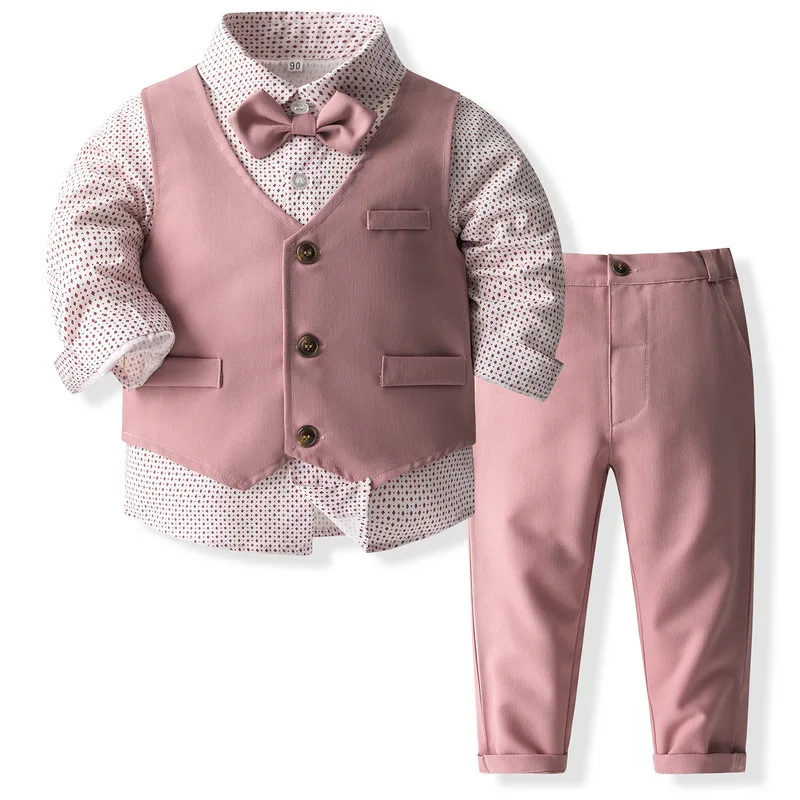 

4Piece Fall Baby Boy Outfits Set Korean Fashion Gentleman Cotton Dot Long Sleeve Tops+Vest+Pants+Tie Kids Boutique Clothes BC798