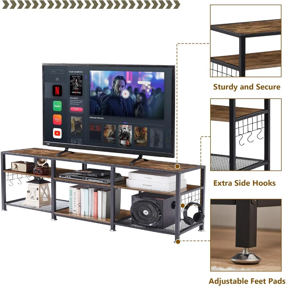 

VECELO TV Stand for Televisions up to 70 Inch, Industrial Entertainment Center with 3-Tier Open Storage Shelves& Hooks