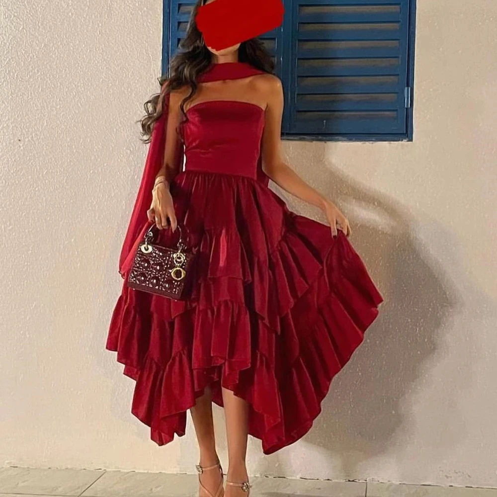 

Современное платье для выпускного вечера без бретелек красные вечерние платья женские многоярусные атласные элегантные деловые платья с открытой спиной для гостей свадьбы