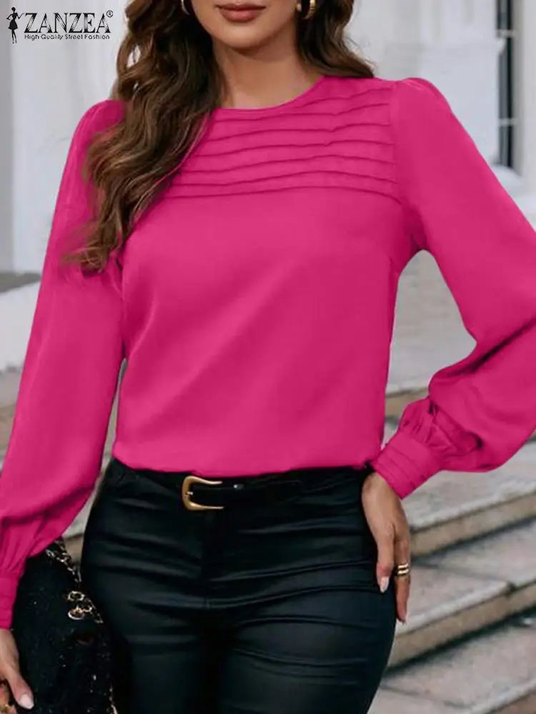 

Элегантная винтажная плиссированная офисная рубашка ZANZEA, Повседневная Женская туника, женские топы, женская Стильная однотонная блузка с длинным рукавом, женские блузы