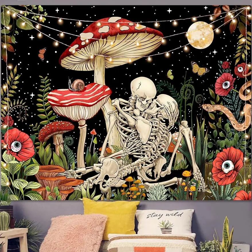 

Mushroom Skull Tapestry Skeleton Floral Plant Flower Aesthetic Bedroom Tapestries Nature Moon Wall Tapestry for Dorm Living