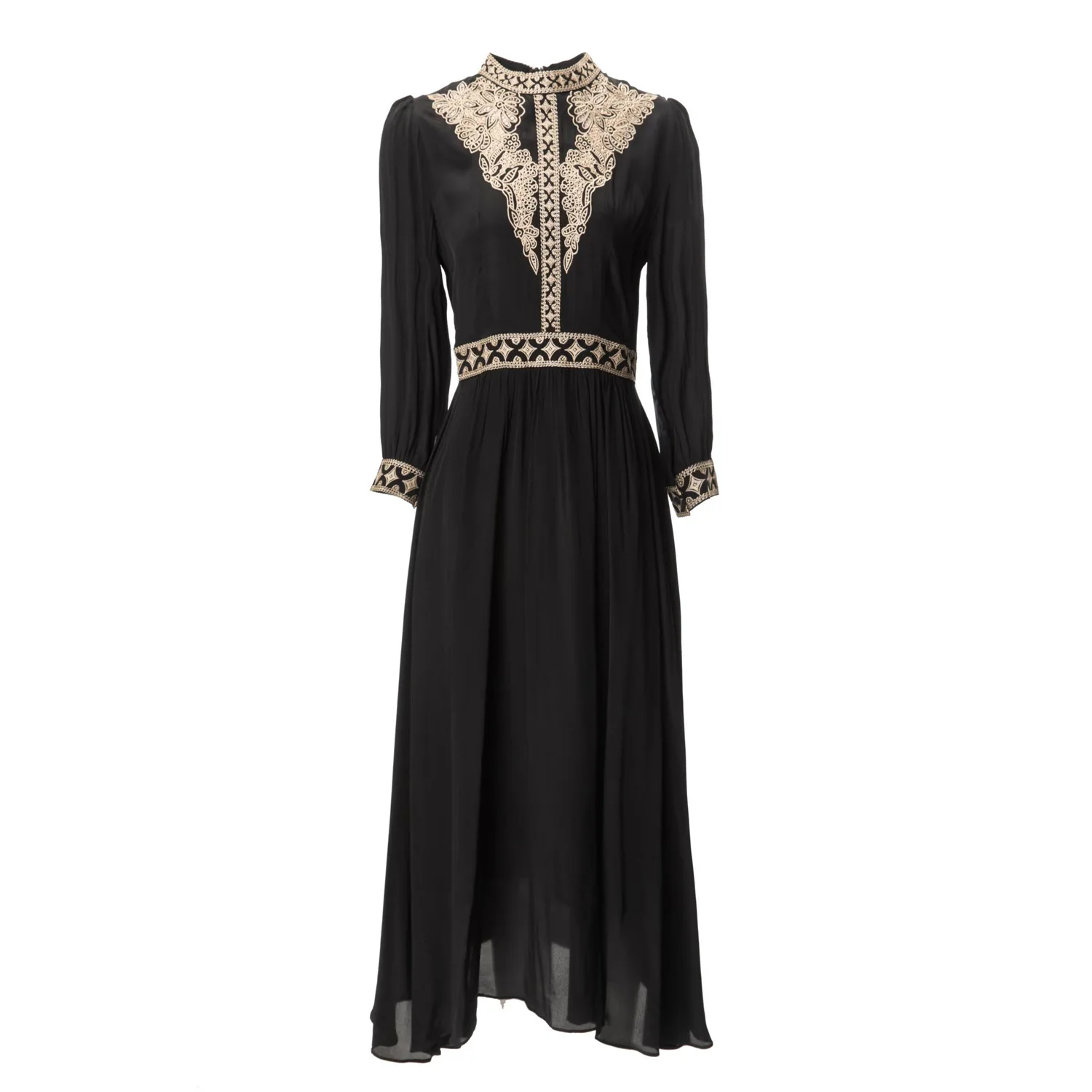 

Europe and the United States women's 2024 summer new Stand collar with seven-point sleeves embroider fashion Black pleated dress