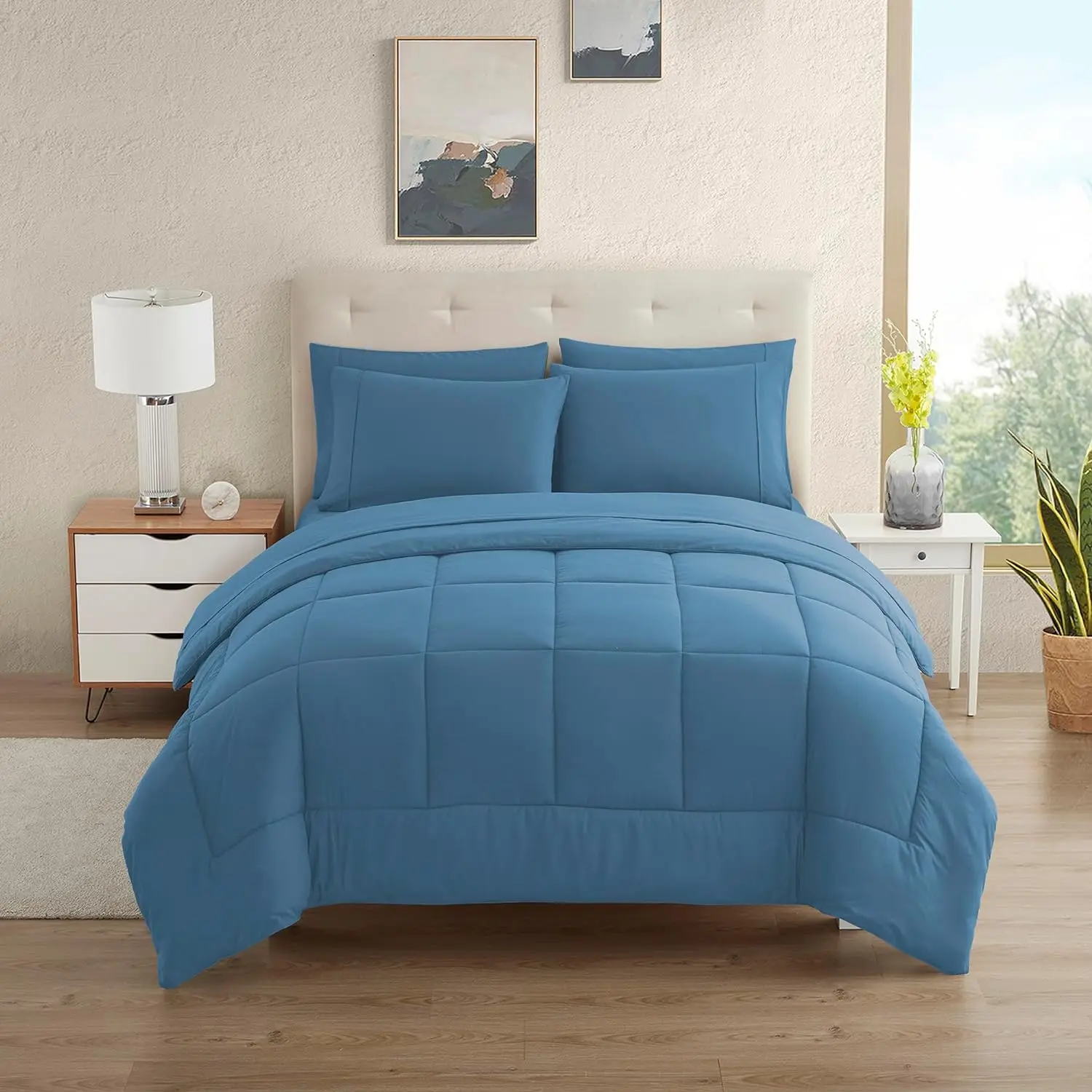 

7 Piece Comforter Set Bag Solid Color All Season Soft Down Alternative Blanket & Luxurious Microfiber Bed Sheets, Denim, Full