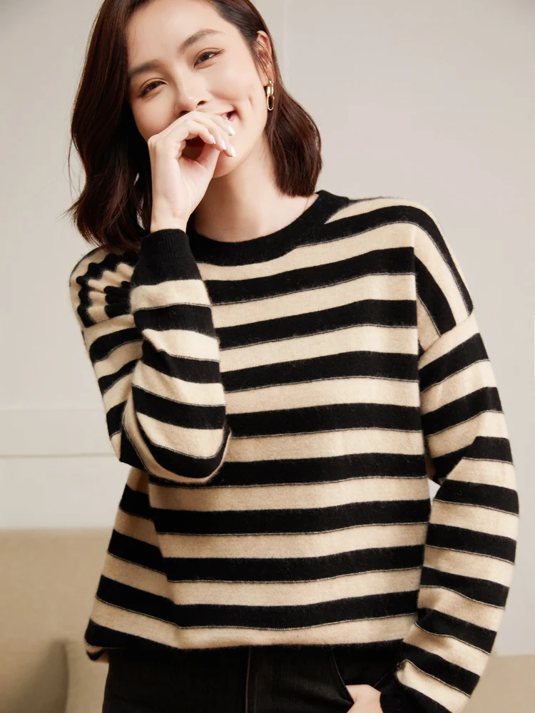 

ADDONEE Women Cashmere Striped Sweater Casual Loose O-neck Pullover 100% Cashmere Knitwear Long Sleeve Clothes Spring Autumn Top