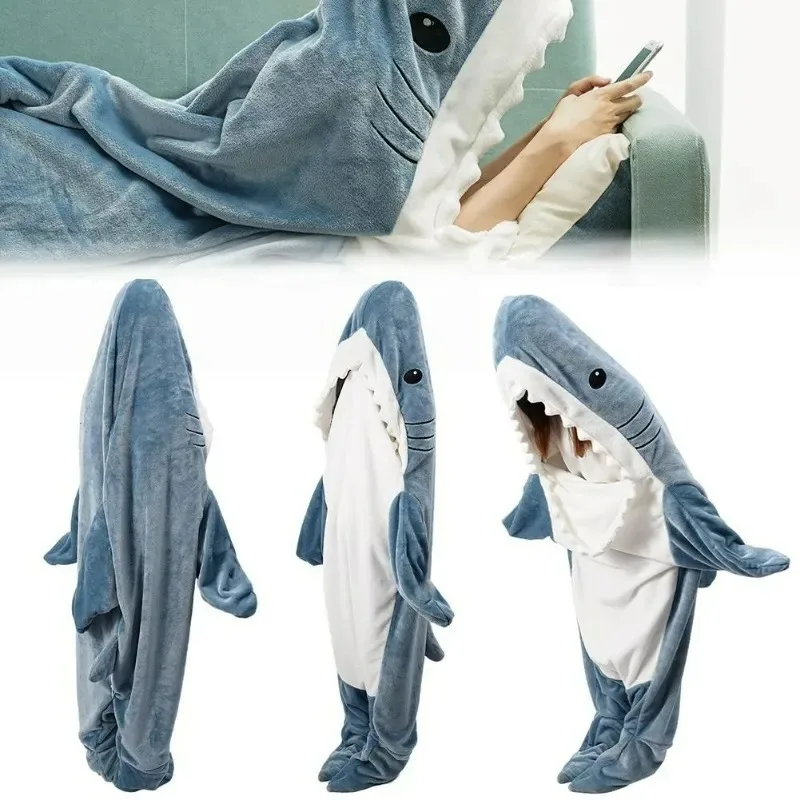 

Cartoon Shark Blanket Wearable Pajamas High Quality Flannel Office Nap Shark Blanket Sleeping Bag for Adults Children Portable