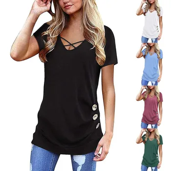 Camisas Fashion Femininas 6Cores S-4XL: Brilho Espelhado e Metálico 14 Women‘s Tops Fashion Dew Shoulder Short Sleeve Solid V Neck Button Blouse Shirt Tops Tunics