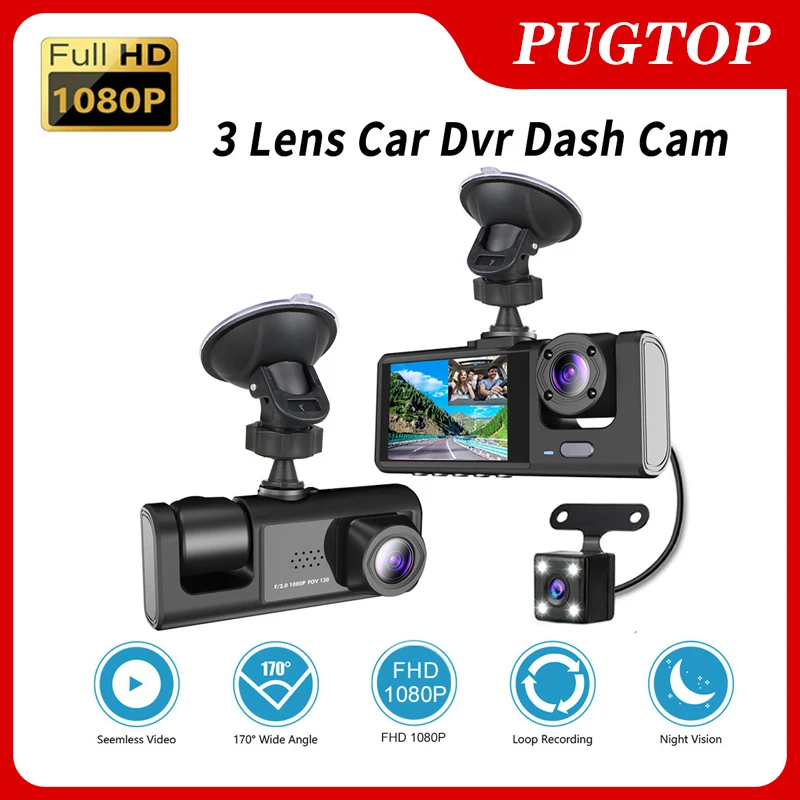 

PUGTOP 3 Channel Car DVR HD 1080P 3-Lens Inside Vehicle Dash Cam Camera Wifi DVRs Recorder Video Registrator Dashcam Camcorder