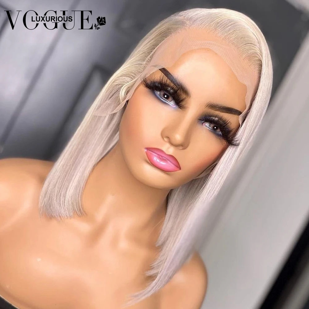 

#60 Platinum Colored Brazilian Virgin Human Hair Wig Preplucked 4x4 Closure Short Bob Glueless Women Wigs 13X4 HD Lace Frontal