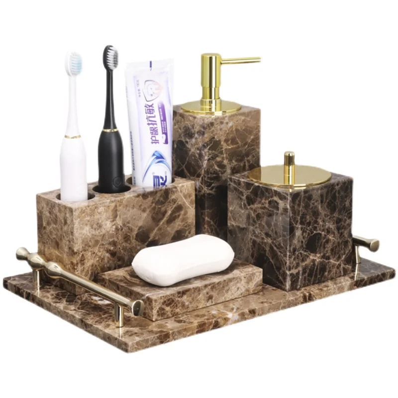 

Natural Marble Bathroom Set Deep Brown Luxury Toothbrush Holder Soap Dish Lotion bottle Tissue box Soap Dispenser Bathroom