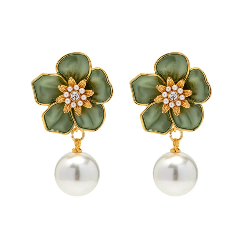 

ALLNEWME Vintage Green Enamel Camellia Long Dangle Earrings 18K Real Gold Plated Brass Imitation Pearl Flower Earring for Women