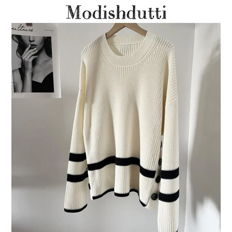 

Modishdutti 2024 High Quality Winter Women Fashion O Neck Striped Knit Sweater Female Casual Loose Long Sleeve Tops Pullovers