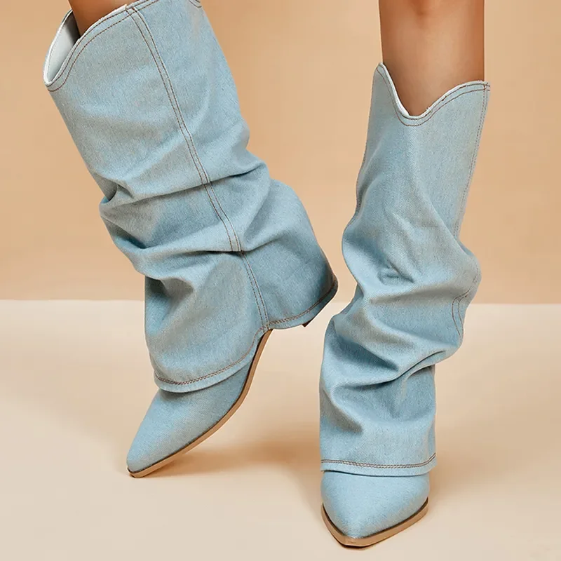

Женские плиссированные джинсовые сапоги до колена, ковбойские сапоги с острым носком на массивном каблуке, обувь в западном стиле больших размеров 42 для осени, 2023