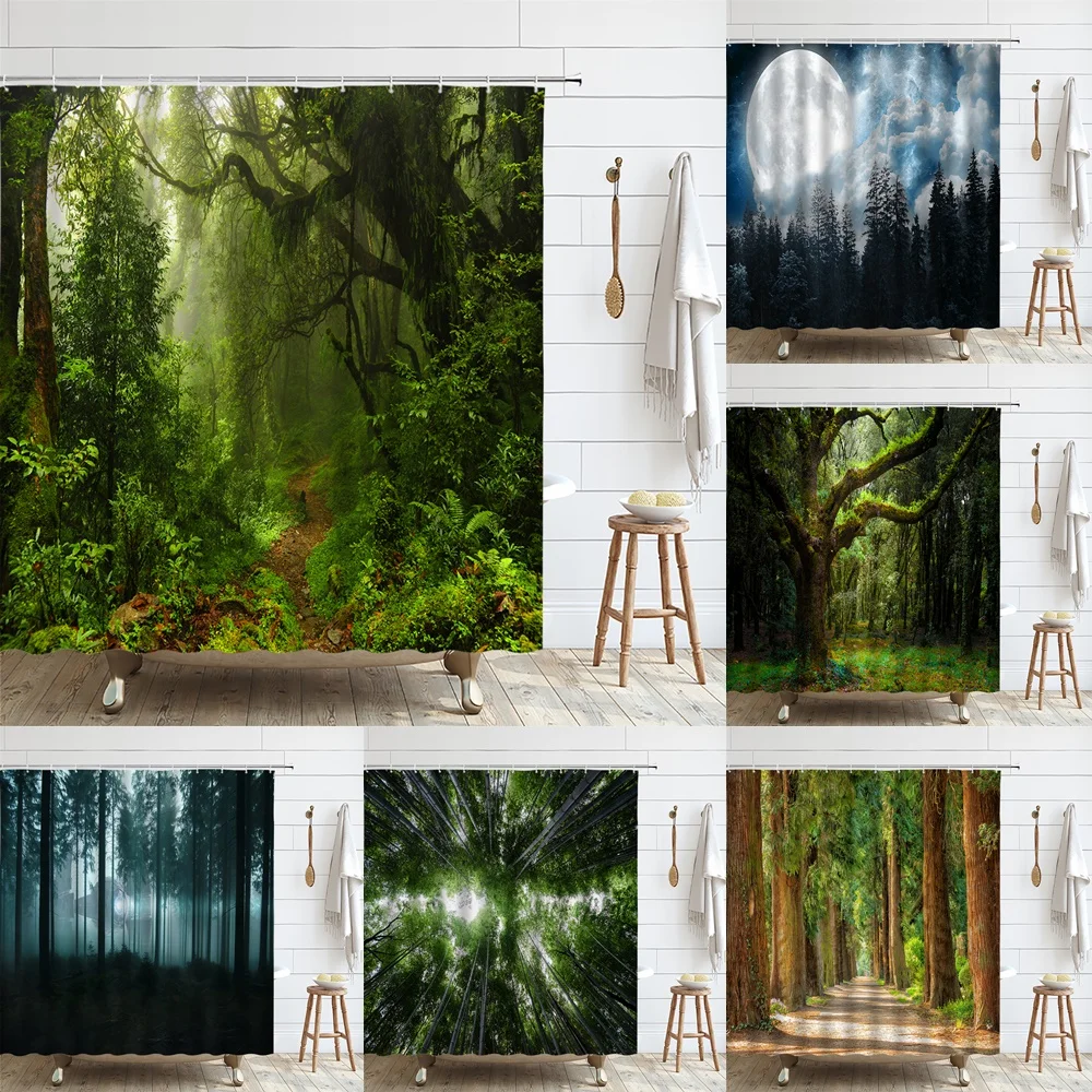 

Tropical Rainforest Shower Curtains Jungle Green Forest Tree Plant Landscape Nature Scenery Bathroom Decor Curtain Set With Hook