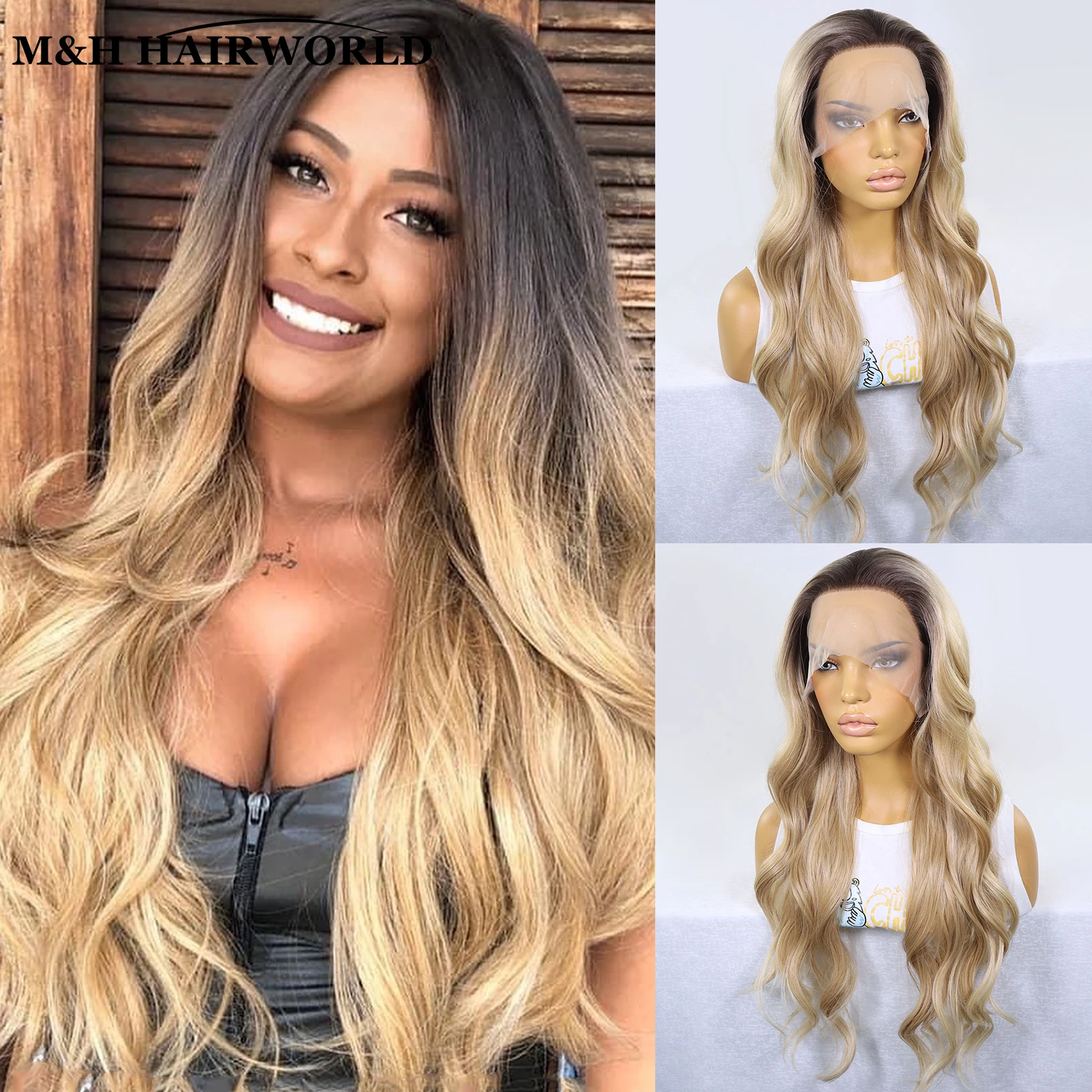 

Blonde Highlights Lace Front Wigs For Women Dark Roots Natural Wavy Long Synthetic Hair Wig Glueless 13x4 Lace Frontal Wigs