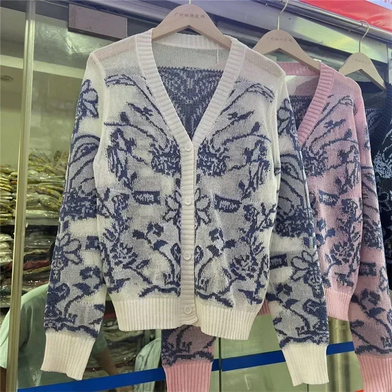 

Spring Autumn Floral Jacquard Sweater Jacket Women V-Neck Long Sleeve Casual Chic Knitted Cardigans Cashmere Runway Outwear I996