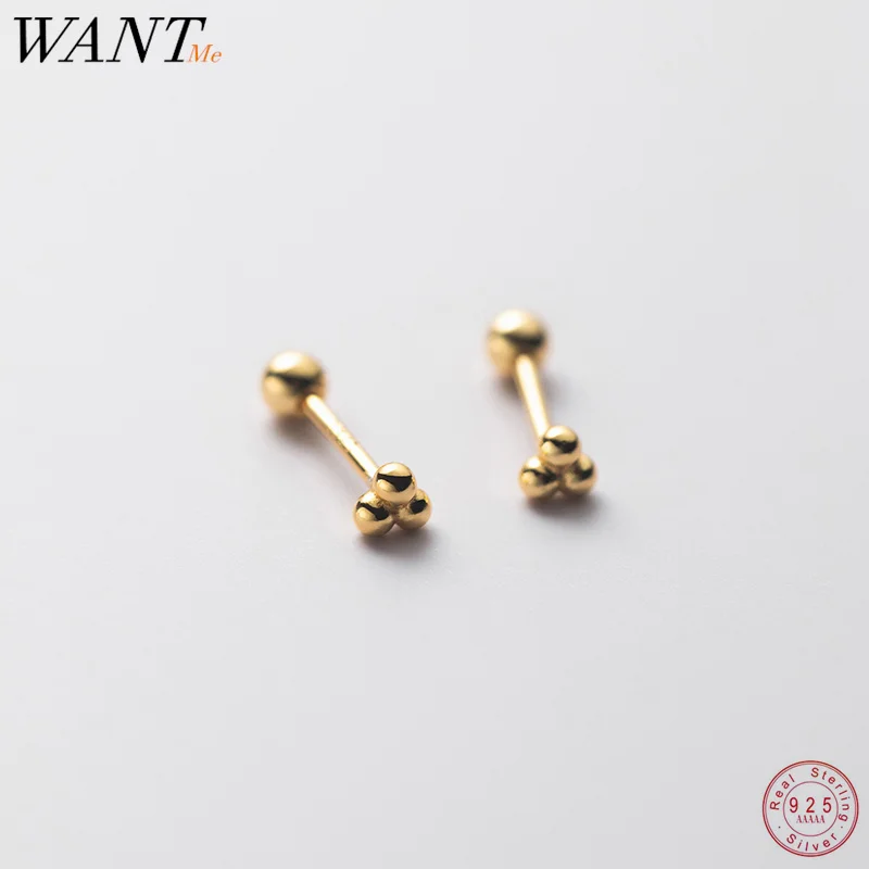 

WANTME 925 Sterling Silver Minimalist Three Beads Statement Gold Screw Stud Earrings for Women Ear Bone Fashion Piercing Jewelry