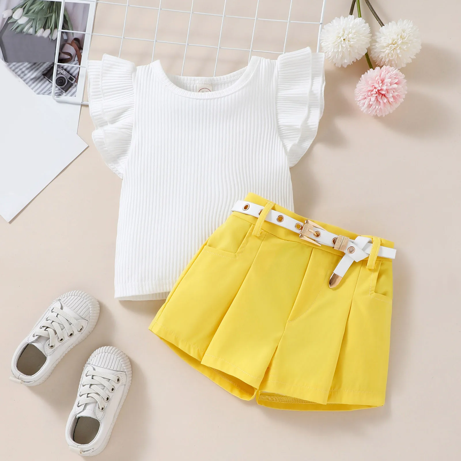 0-4 Years Toddler Infant Baby Girls Clothing 2pcs Clothes Sets Ruffles Fly Sleeve Ribbed Solid T Shirts+Shorts With Belt Outfits
0-4 Years Toddler Infant Baby Girls Clothing 2pcs Clothes Sets Ruffles Fly Sleeve Ribbed Solid T Shirts+Shorts With Belt Outfits