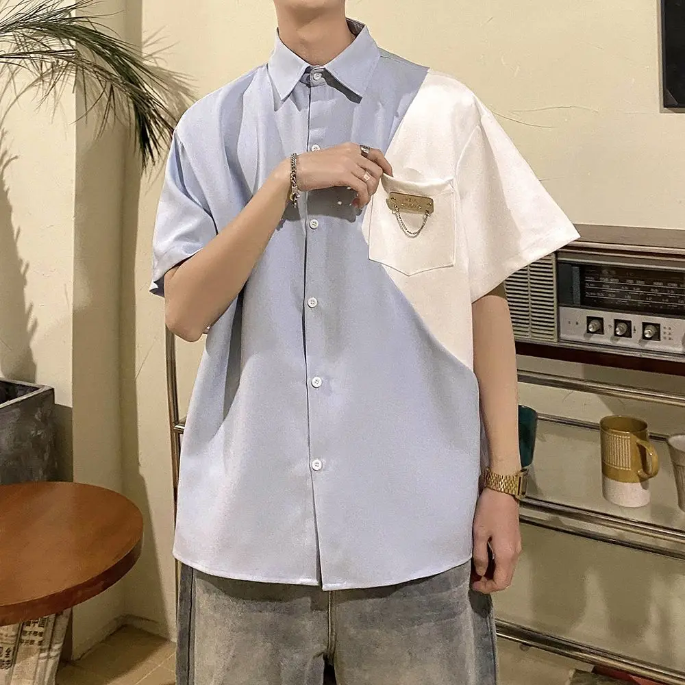 

E-BAIHUI Korean Version Shirts for Men Loose Retro Turn-down Collar Men Clothing Short Sleeve Irregular Splicing Design Male Top