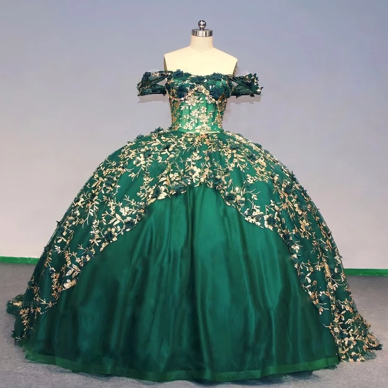 

Green Sequined Lace Ruffles Ball Gown Quinceanera Dresses Off The Shoulder 3D Flowers Gold Applique Corset Vestidos De 15 Años