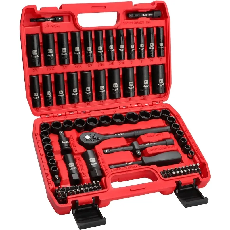 

LLNEDL 3/8" Drive Impact Socket Set 95Pcs, Spark Plug Socket (5/8", 13/16"), 6 Point Metric & SAE from 5/16"- 3/4", 8-22mm, CR-V