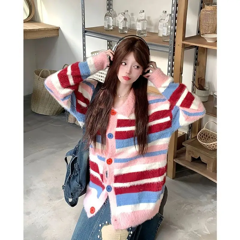 

2023 Fall and Winter Women's Contrast Cardigans Vintage Knitted Sweaters Long Sleeve Loose Coats Warm Comfy Sweaters New YL80