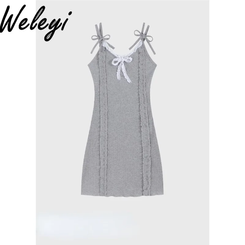 

Gray Bow Bandage Suspender Jersey Dresses Autumn Pure Desire Style Hot Girl Elegant Sweet Cool Series Slim Fit Sheath Lace Frock