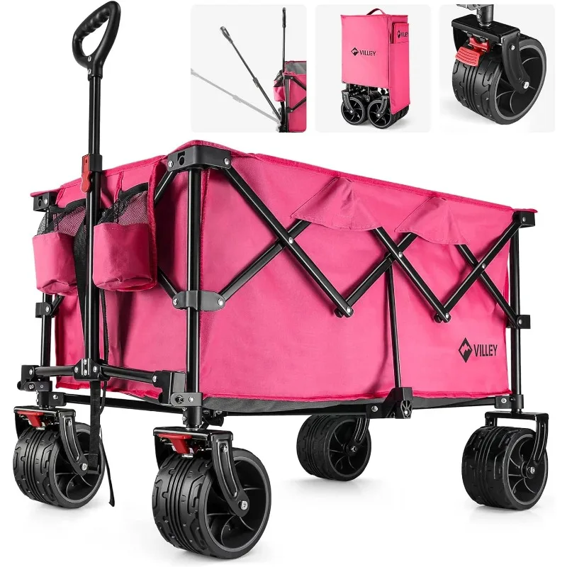 

VILLEY Collapsible Folding Wagon with Big Wheels, All Terrain Wagons Carts Heavy Duty Foldable, Portable Utility Garden Cart