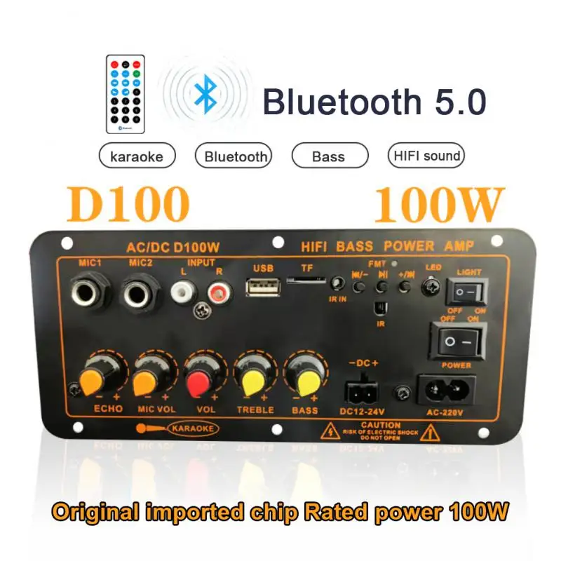 

DC100 220V Professional Digital Bluetooth 5.0 Amplifier Board Subwoofer Dual Microphone Amplifiers for 8-12 Inch Speaker 100W