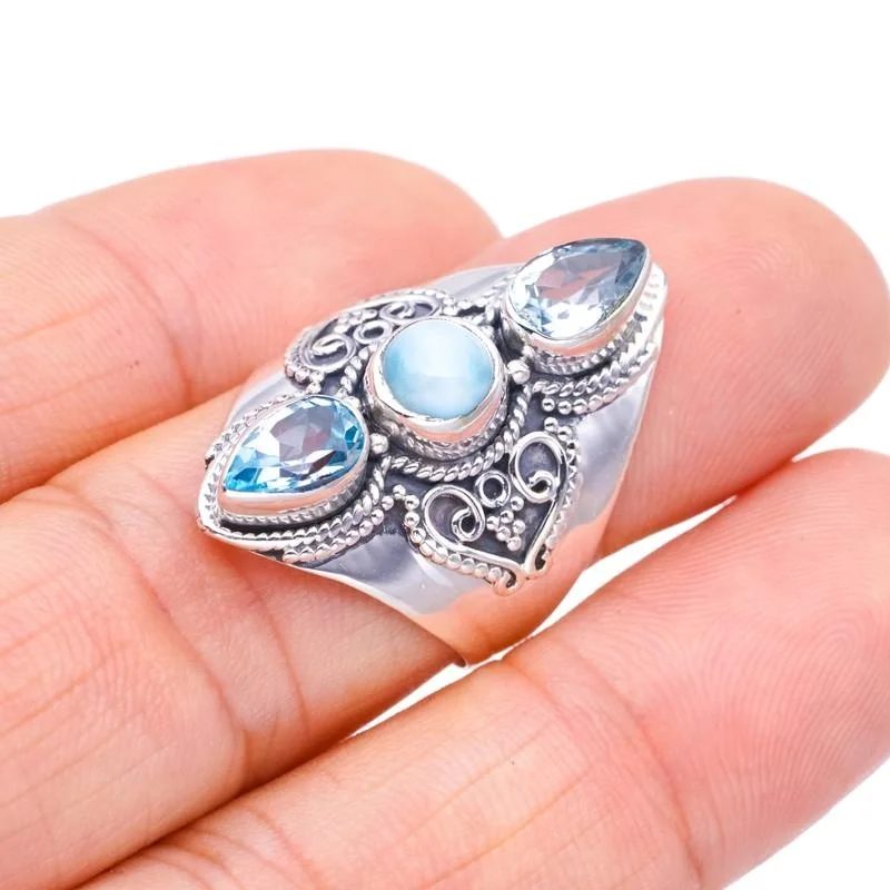 

StarGems® Natural Larimar Blue TopazHandmade 925 Sterling Silver Ring 7.75 F2795