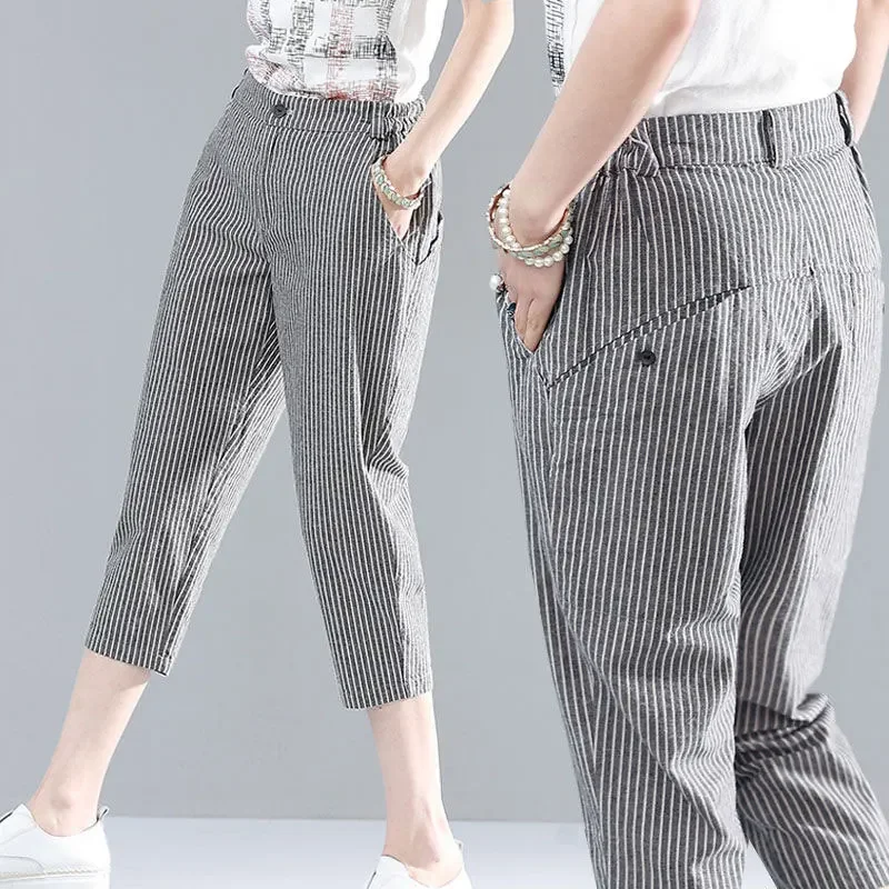 

2023 Summer New Fashion Women High Waist Cotton Linen Calf-length Streetwear Pants all-matched Casual Striped Harem Trousers A12