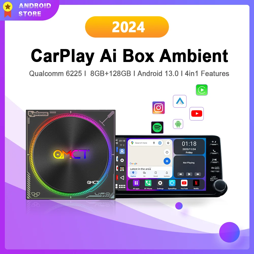 

2024 CarPlay Ai Box Ambient Led Android 13 Wireless Android Auto SMD6225 8G+128GB For Volvo Benz Chery Mg Hyundai Lexus kia VW