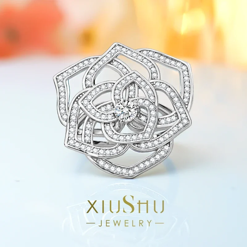 

Desire Fashionable and Luxurious 925 Pure Silver Camellia Ring Inlaid with High Carbon Diamond Temperament Niche Design