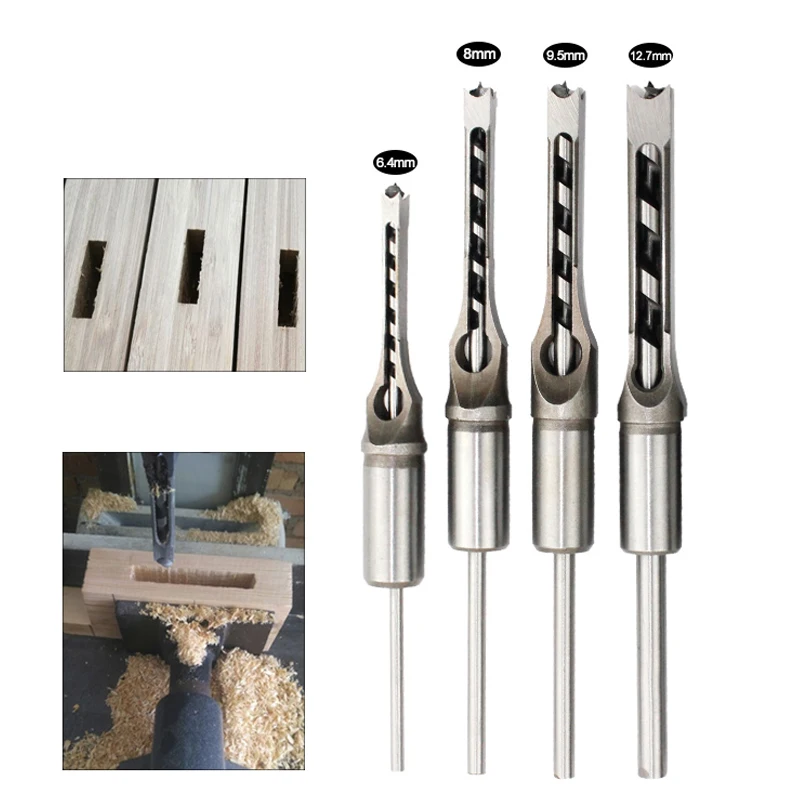 

K50 4Pcs HSS Twist Drill Bits Square Auger Mortising Chisel Drill Set Square Hole Woodworking Drill Tools Kit Set Extended Saw