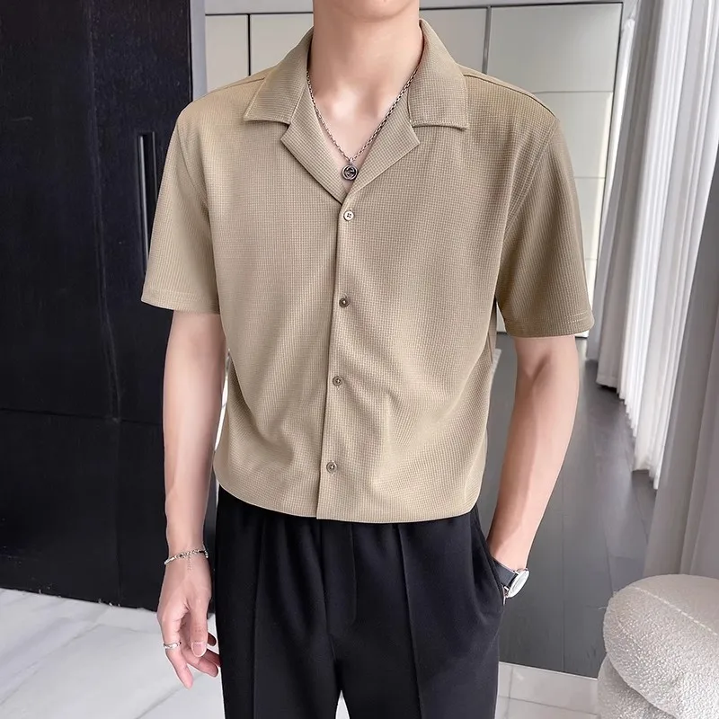 Summer Men Cuban Collar Khaki Shirts Thin Ice Silk Short Sleeve Slim Korean Camisas De Hombre High End Social Men's Dress Shirt
Summer Men Cuban Collar Khaki Shirts Thin Ice Silk Short Sleeve Slim Korean Camisas De Hombre High End Social Men's Dress Shirt