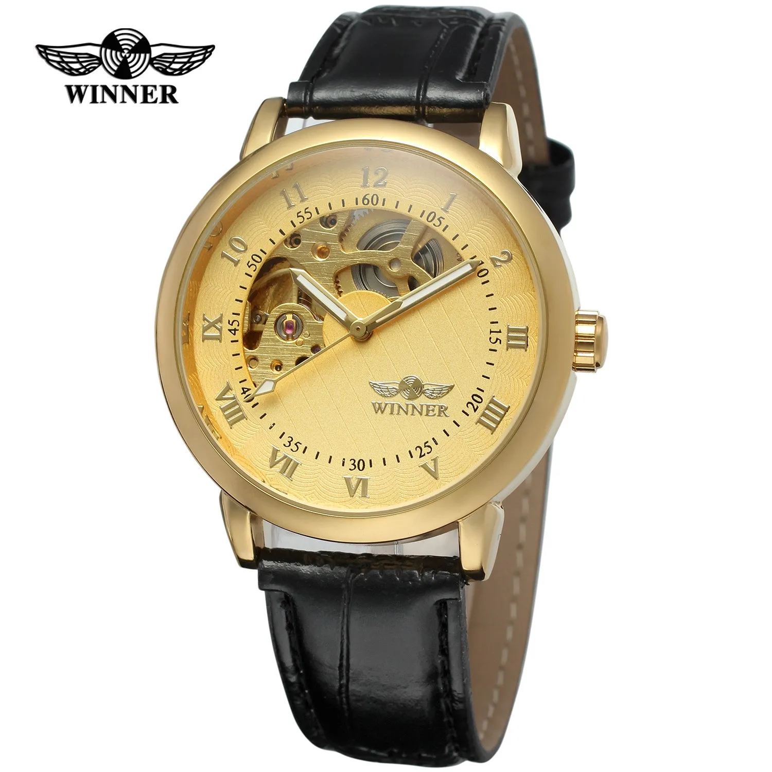 

Fashion Winner Top Brand Gold Skeleton Leather Men Mechanical Hand Wind Wristwatches Cheap Price Reloj Hombre Relogio Masculino