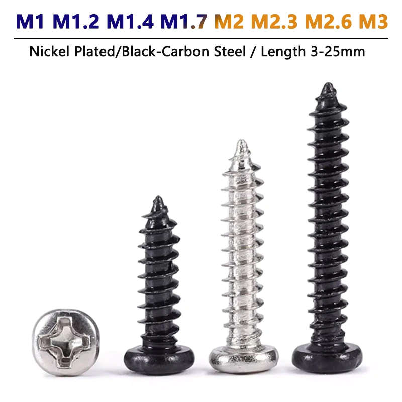 

M1 M1.2 M1.4 M1.7 M2 M2.3 M2.6 M3 Small Cross Phillips Pan Round Head Self Tapping Wood Screw Carbon Steel Nickel Plated/Black