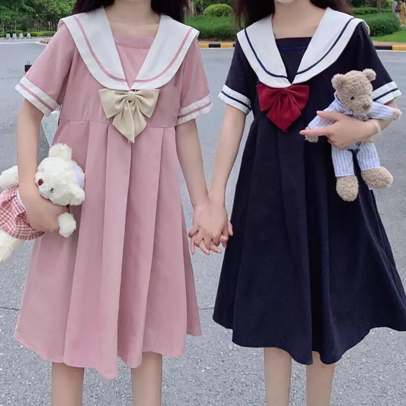 

Short Sleeve Dress Women Bow Patchwork Sailor Collar Pleated JK Japanese Style Sweet Kawaii A-Line Students Harajuku New