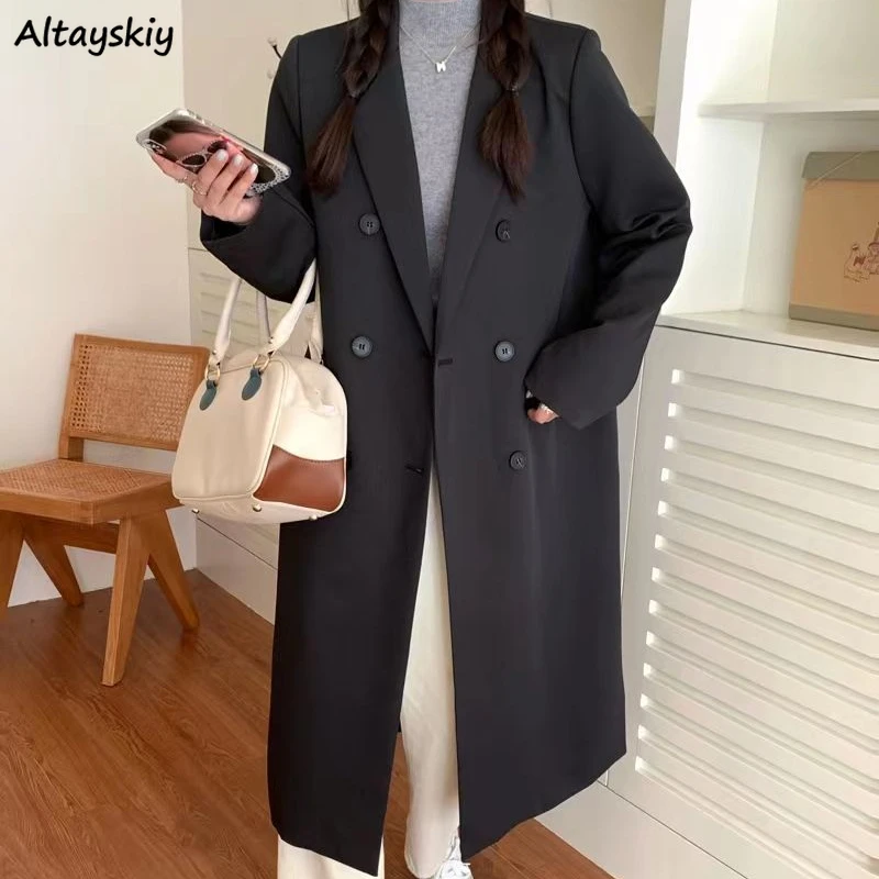 

Long Trenches Coats for Women Temperament College Autumn Winter Fashion Elegant Notched Simple British Female All-match Casual