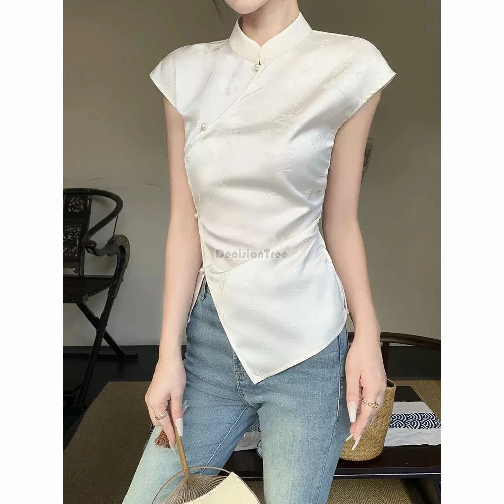 

2024 new improved chinese ethnic style cheongsam top elegant national solid color jacquard lady party blouse irregular split top