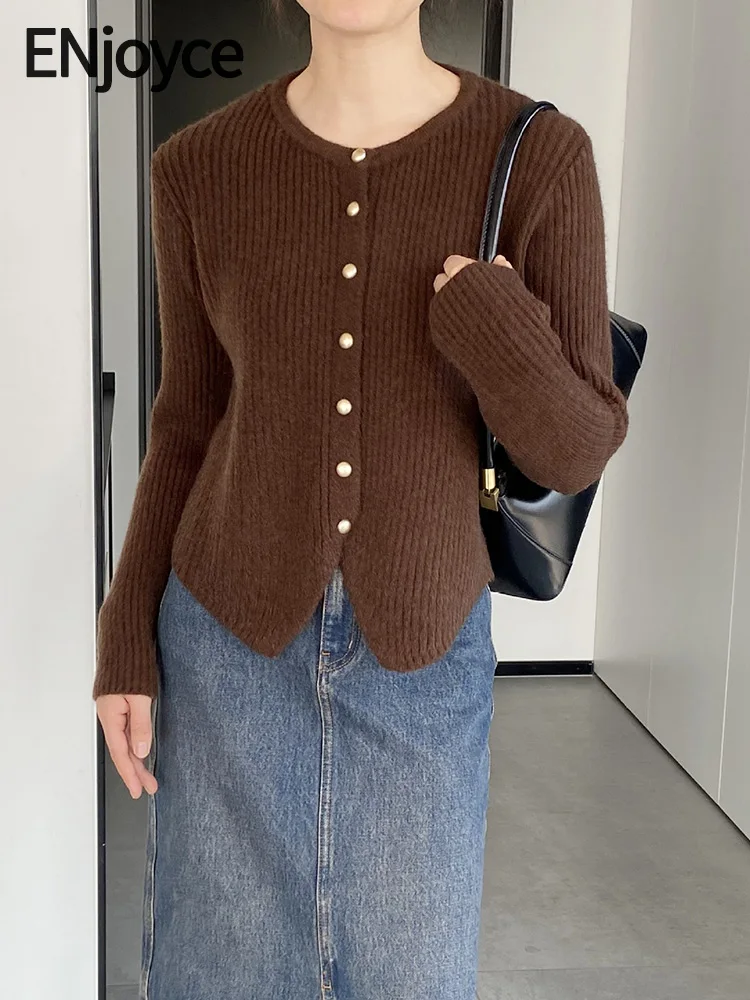 

ENjoyce Round Neck Single Breasted Knitted Cardigans Sweaters Korean Fashion Slim Knitwear Crop Top Ladies Workwear 2024 Spring