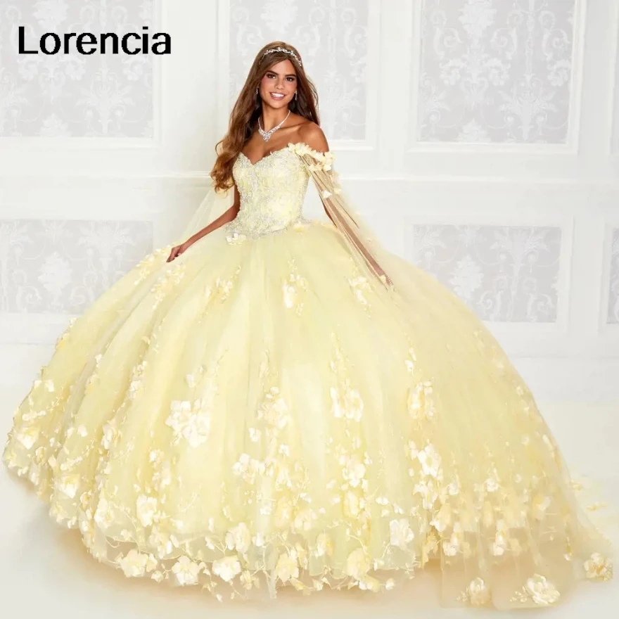 

Lorencia Yellow Quinceanera Dress 3D Flowers Applique Beaded Crystal With Cape Ball Gown Sweet 16 Vestidos De 15 Años YQD710