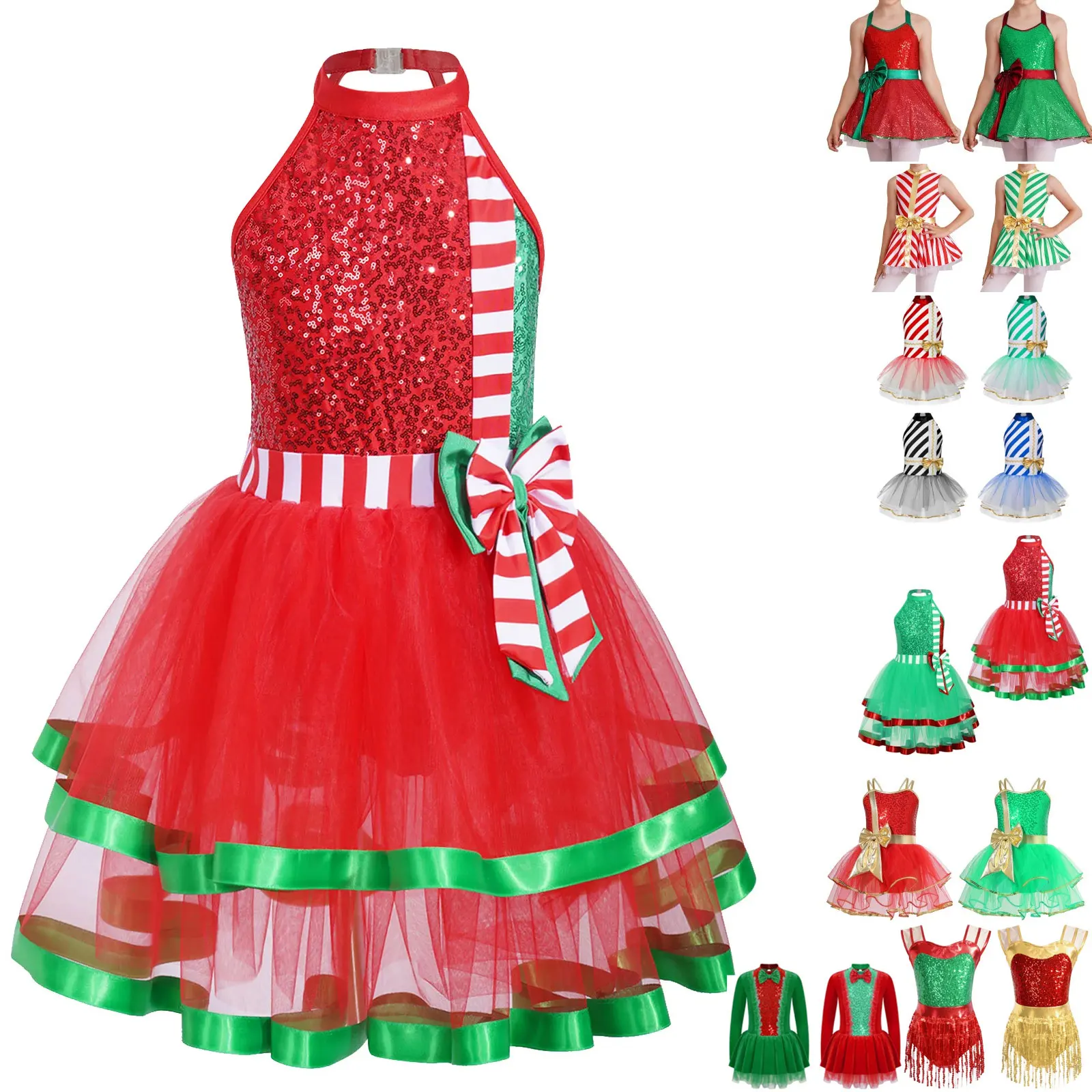 

Детский Рождественский танцевальный костюм для девочек, яркое платье-пачка из тростника без рукавов в полоску, балетное трико для представлений и Косплея