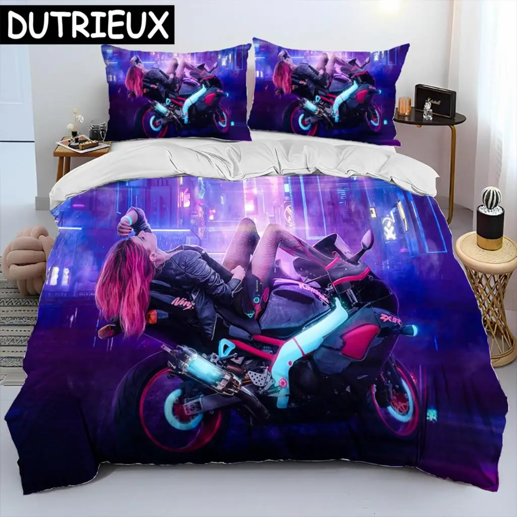 

Cyberpunk Motorcycle Sexy Girl Comforter Bedding Set,Duvet Cover Bed Set Quilt Cover Pillowcase,king Queen Size Bedding Set Kids