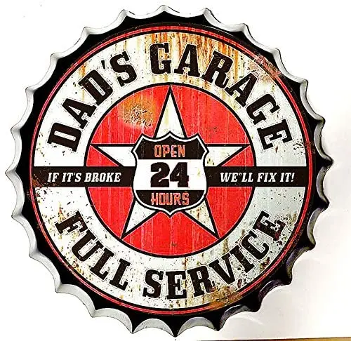 

Tin Sign Bottle Cap Metal Tin Sign Dad's Garage Full Service , Round Metal Signs for Home and Kitchen Bar Cafe Gas Station