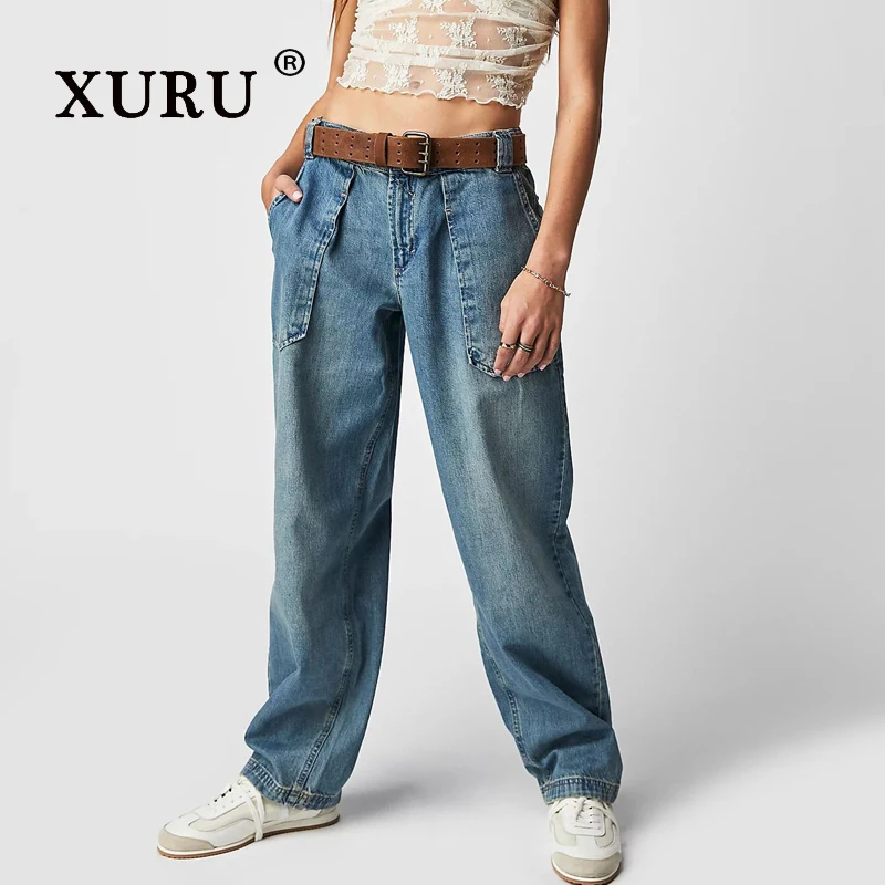 

XURU-Europe and The United States New Slim Jeans Women's, White Light Blue Black High Street Straight Pants Long Jeans N3-11987