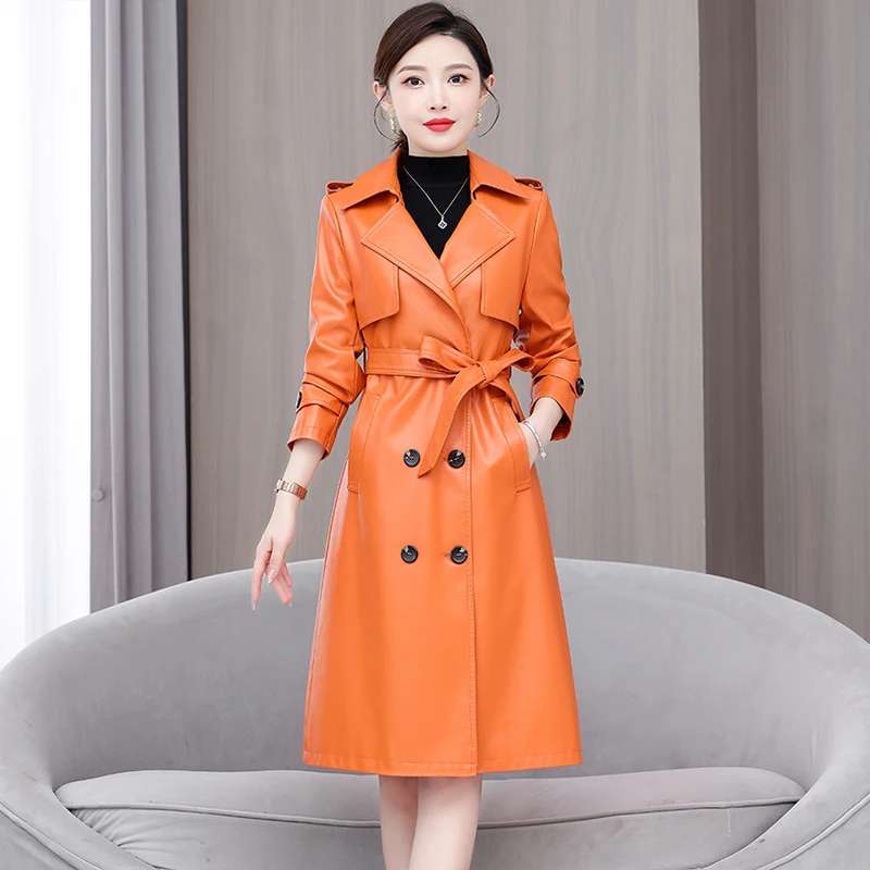 

New Women Spring Autumn Casual Leather Coat Fashion Turn-down Collar Double Breasted Slim Sheepskin Trench Coat Split Leather