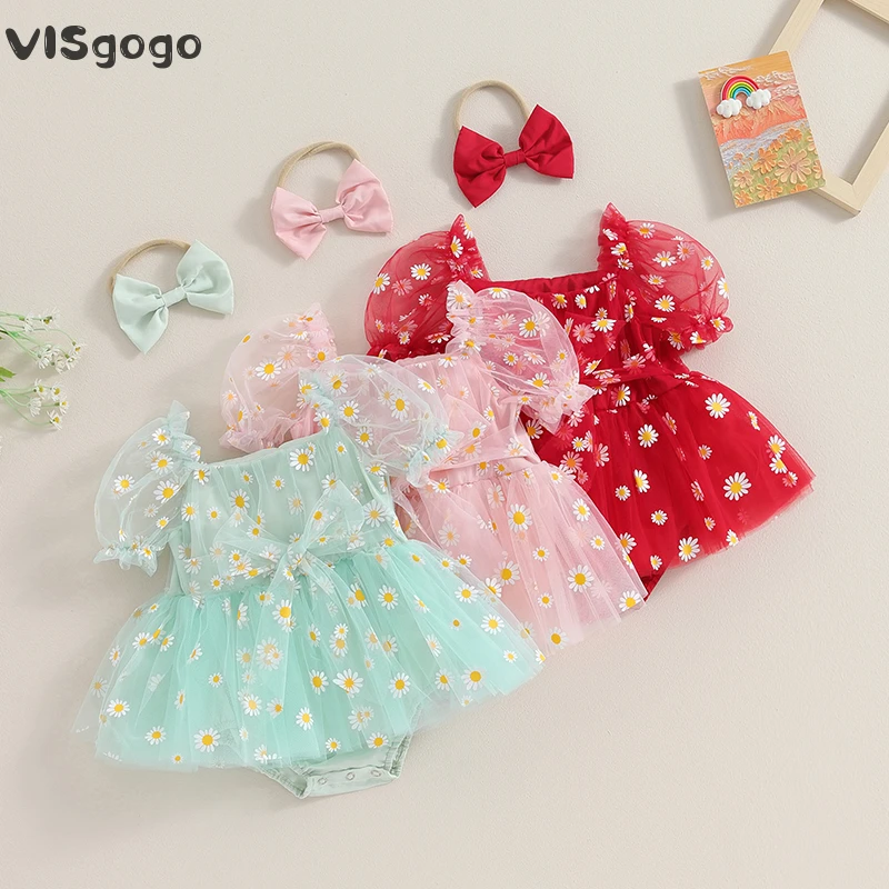 

VISgogo Baby Girl Cute Rompers 2Pcs Summer Outfits Short Puff Sleeve Daisy Print Rompers Tulle Dress with Headband Set