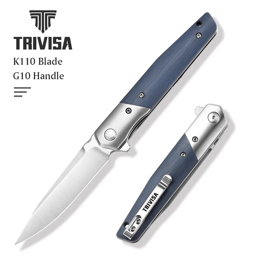 

TRIVISA Folding Pocket EDC Knife for Man，3.5“BOHLER K110 Blade & G10 Handle，Flipper Knife with Clip for Outdoor Camping Survival